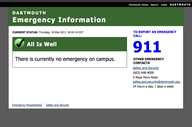 Screenshot of Dartmouth Emergency Information homepage